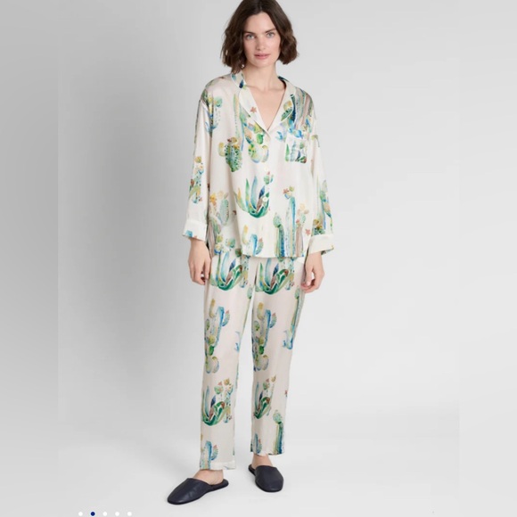 Washable Silk Marina Pajama Set in Cacti Watercolor - Picture 3 of 13